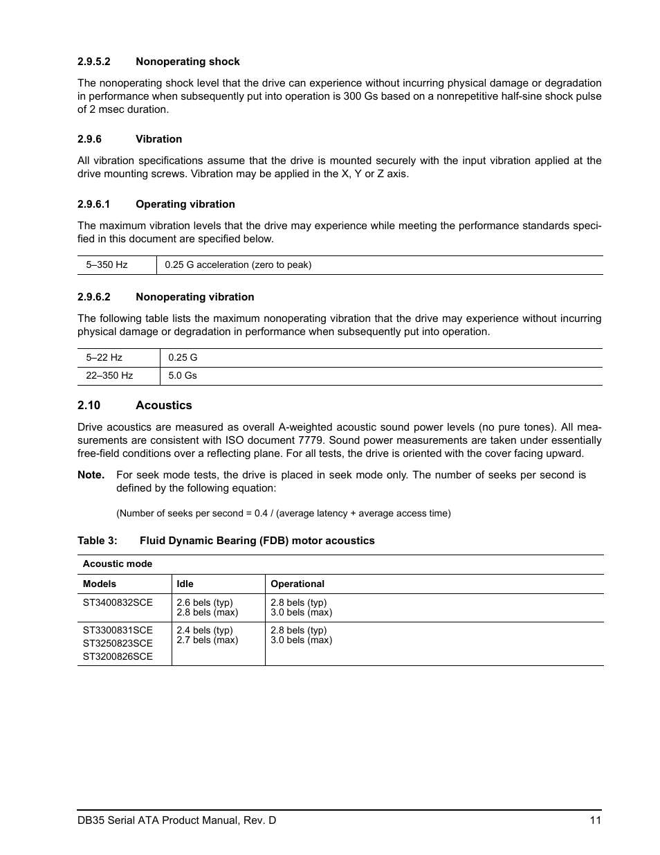 2 nonoperating shock, 6 vibration, 1 operating vibration | 2 nonoperating vibration, 10 acoustics | Seagate DB35 Serial ATA ST3300831SCE User Manual | Page 19 / 50