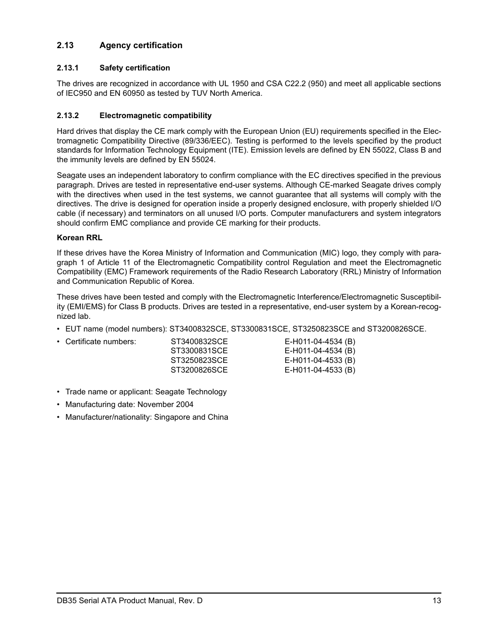 13 agency certification, 1 safety certification, 2 electromagnetic compatibility | Seagate DB35 Serial ATA ST3300831SCE User Manual | Page 21 / 50