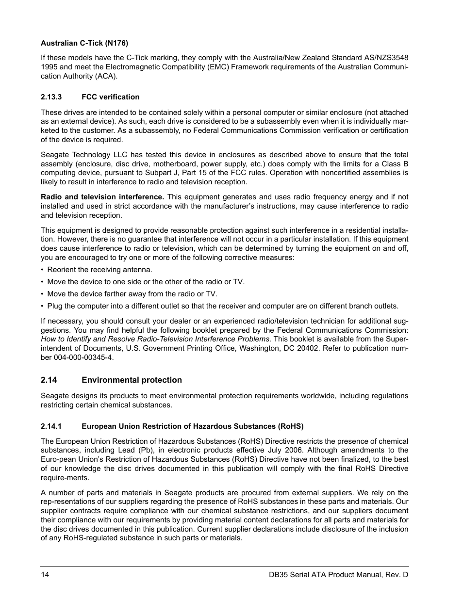 3 fcc verification, 14 environmental protection | Seagate DB35 Serial ATA ST3300831SCE User Manual | Page 22 / 50