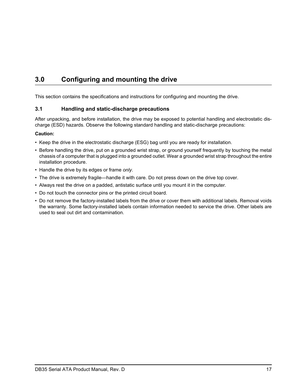 0 configuring and mounting the drive, 1 handling and static-discharge precautions | Seagate DB35 Serial ATA ST3300831SCE User Manual | Page 25 / 50