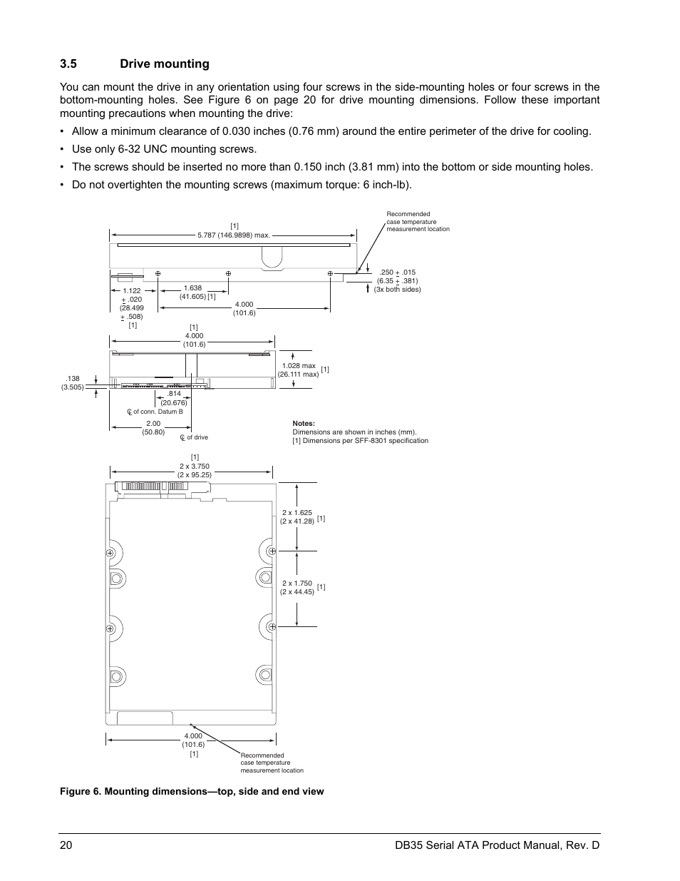 5 drive mounting, Mounting dimensions—top, side and end view, 20 db35 serial ata product manual, rev. d | Seagate DB35 Serial ATA ST3300831SCE User Manual | Page 28 / 50