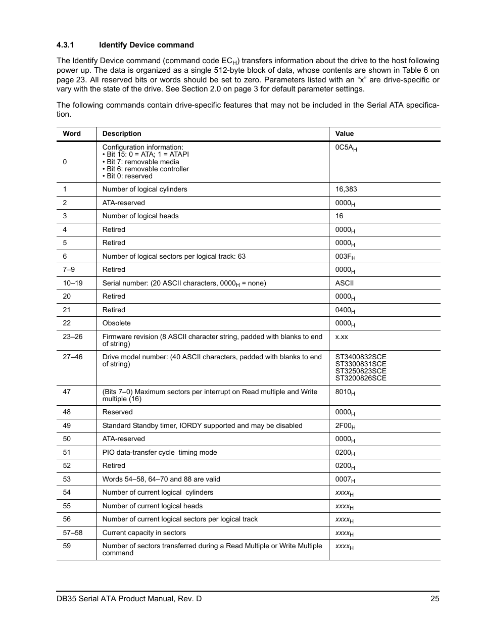 1 identify device command | Seagate DB35 Serial ATA ST3300831SCE User Manual | Page 33 / 50