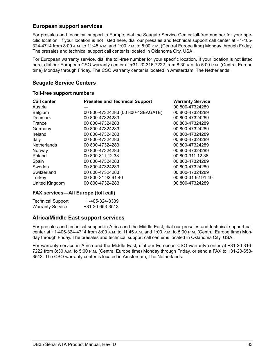 European support services, Seagate service centers, Africa/middle east support services | Seagate DB35 Serial ATA ST3300831SCE User Manual | Page 41 / 50