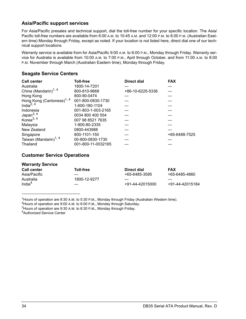 Asia/pacific support services, Seagate service centers, Customer service operations | Seagate DB35 Serial ATA ST3300831SCE User Manual | Page 42 / 50