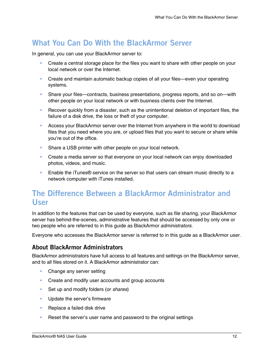 What you can do with the blackarmor server, About blackarmor administrators | Seagate BlackArmor NAS 440 User Manual | Page 11 / 60