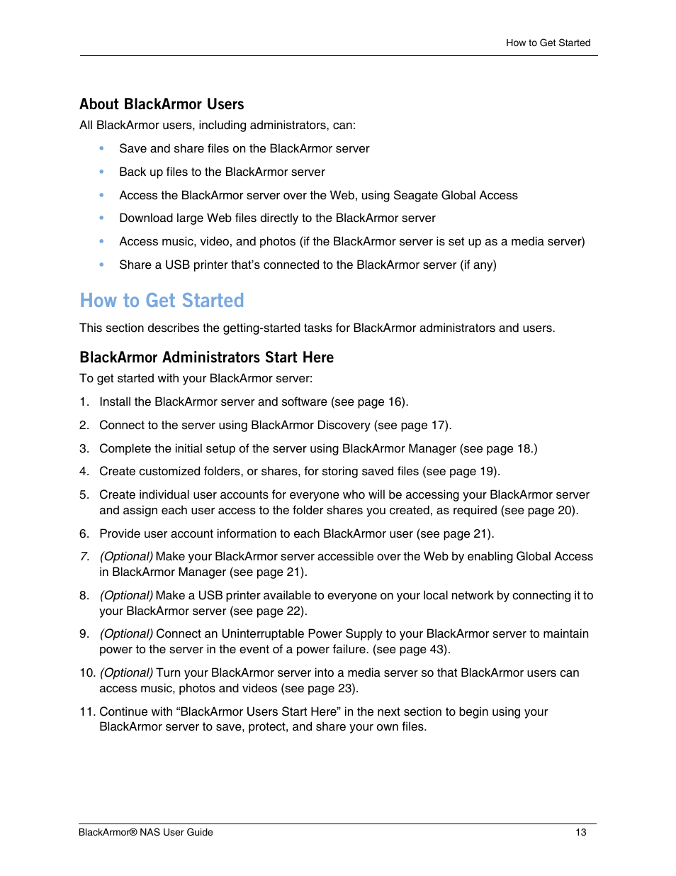About blackarmor users, How to get started, Blackarmor administrators start here | Seagate BlackArmor NAS 440 User Manual | Page 12 / 60