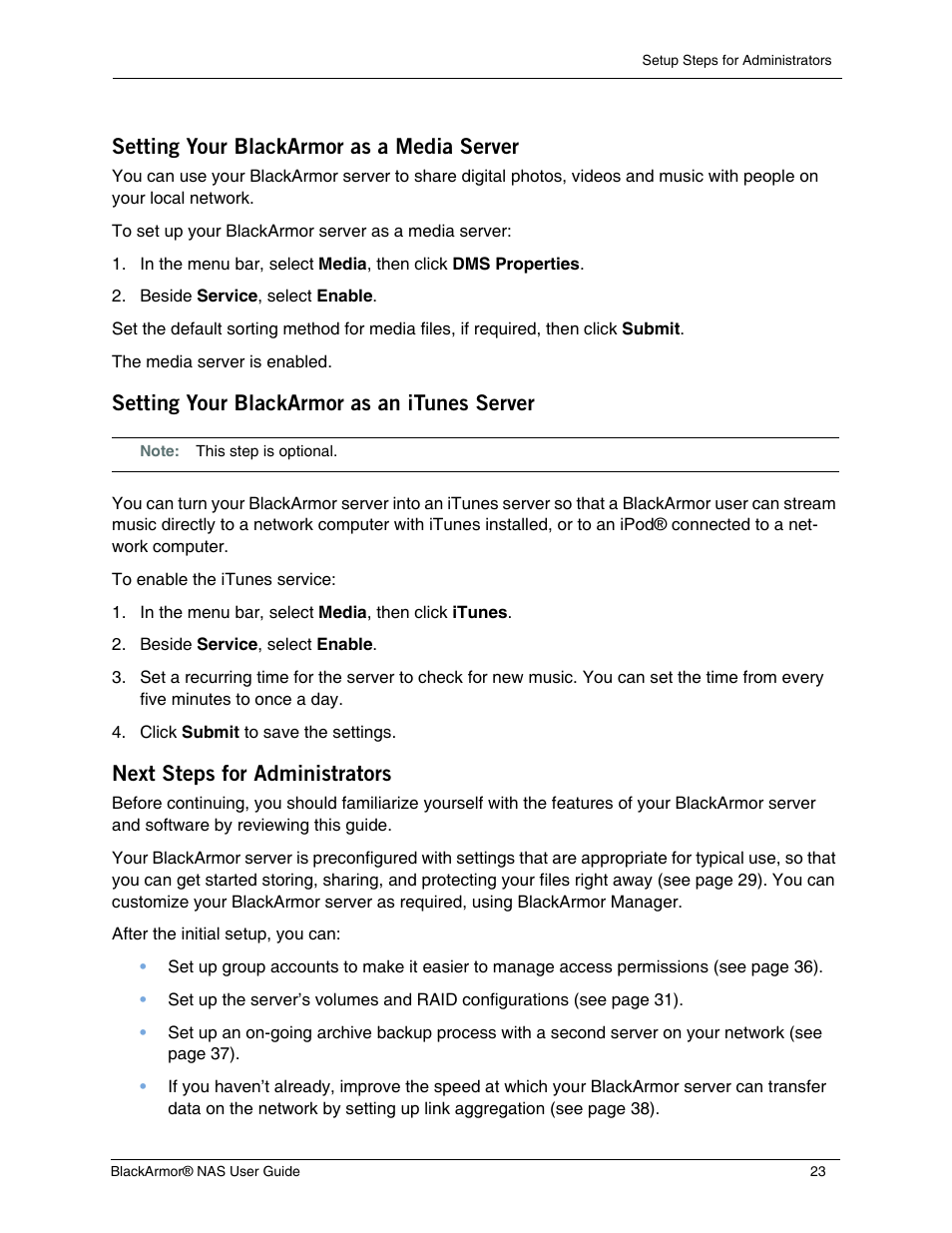 Setting your blackarmor as a media server, Setting your blackarmor as an itunes server, Next steps for administrators | Seagate BlackArmor NAS 440 User Manual | Page 22 / 60