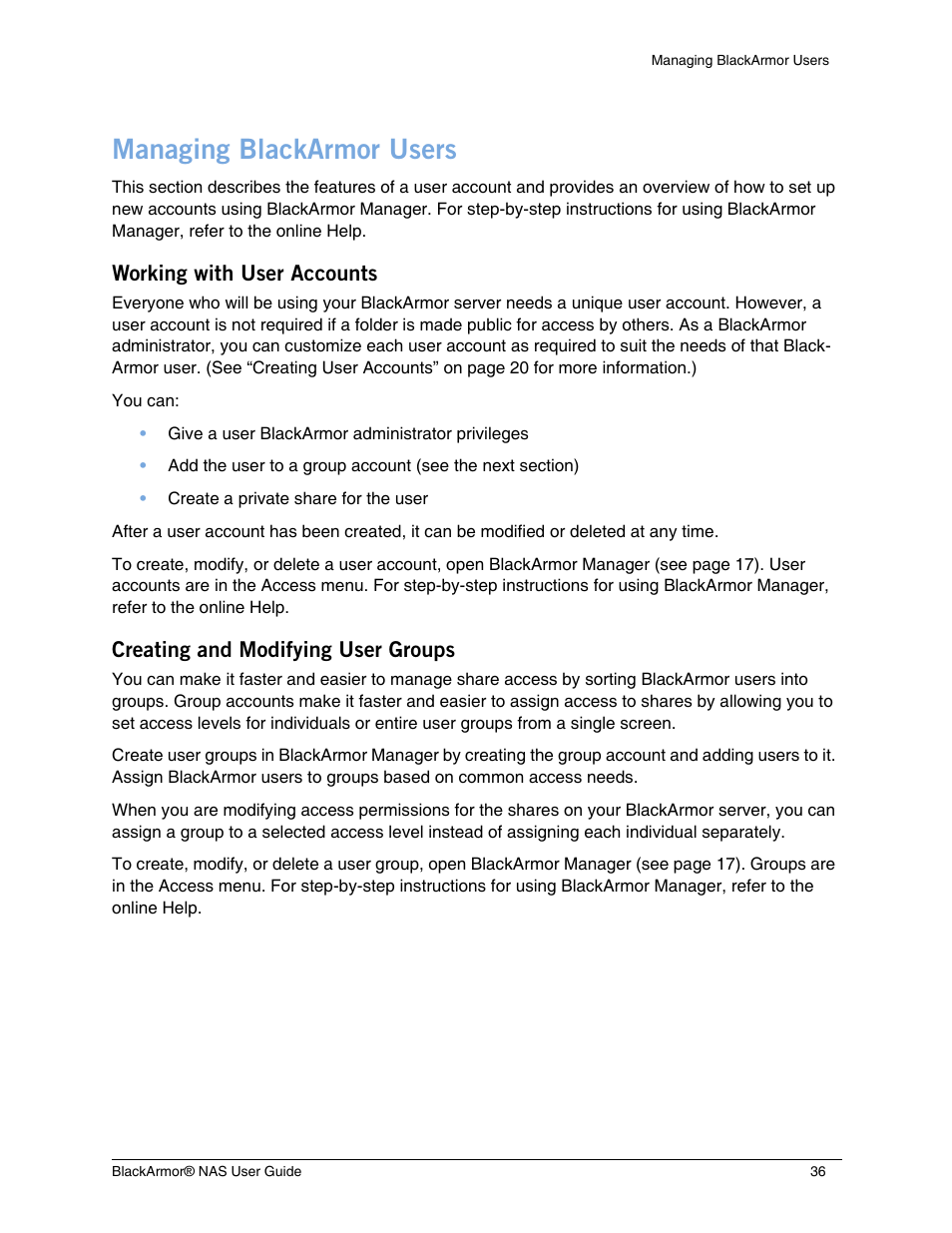 Managing blackarmor users, Working with user accounts, Creating and modifying user groups | Seagate BlackArmor NAS 440 User Manual | Page 34 / 60