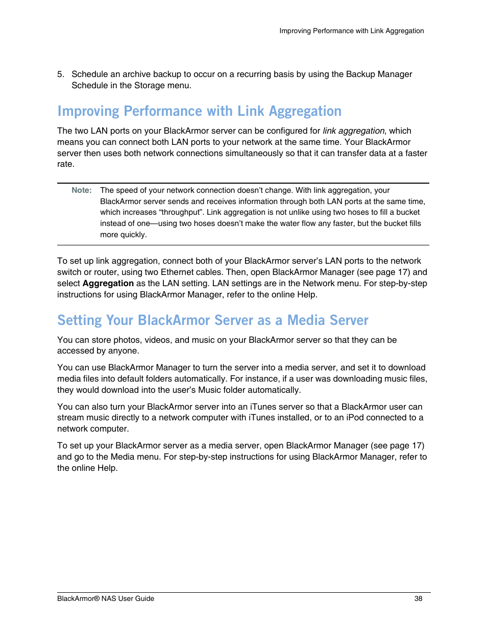 Improving performance with link aggregation, Setting your blackarmor server as a media server | Seagate BlackArmor NAS 440 User Manual | Page 36 / 60