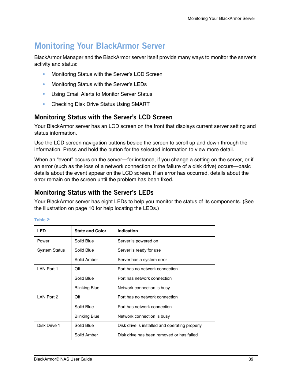 Monitoring your blackarmor server, Monitoring status with the server’s lcd screen, Monitoring status with the server’s leds | Seagate BlackArmor NAS 440 User Manual | Page 37 / 60