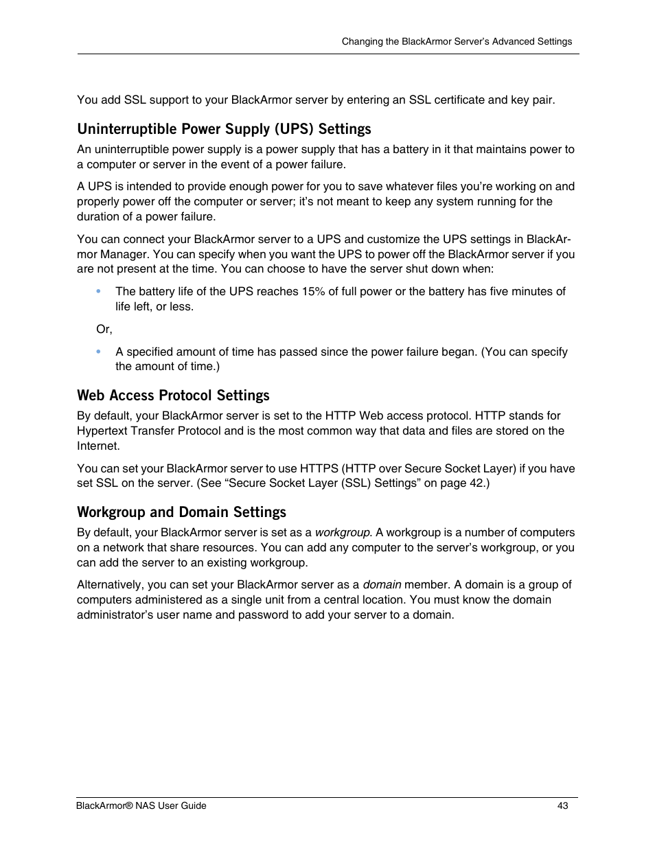 Uninterruptible power supply (ups) settings, Web access protocol settings, Workgroup and domain settings | Seagate BlackArmor NAS 440 User Manual | Page 41 / 60