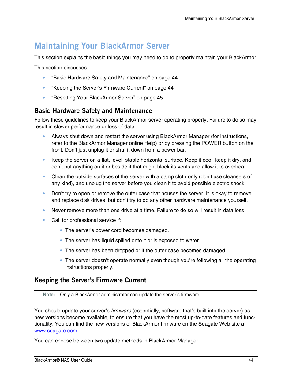 Maintaining your blackarmor server, Basic hardware safety and maintenance, Keeping the server’s firmware current | Seagate BlackArmor NAS 440 User Manual | Page 42 / 60