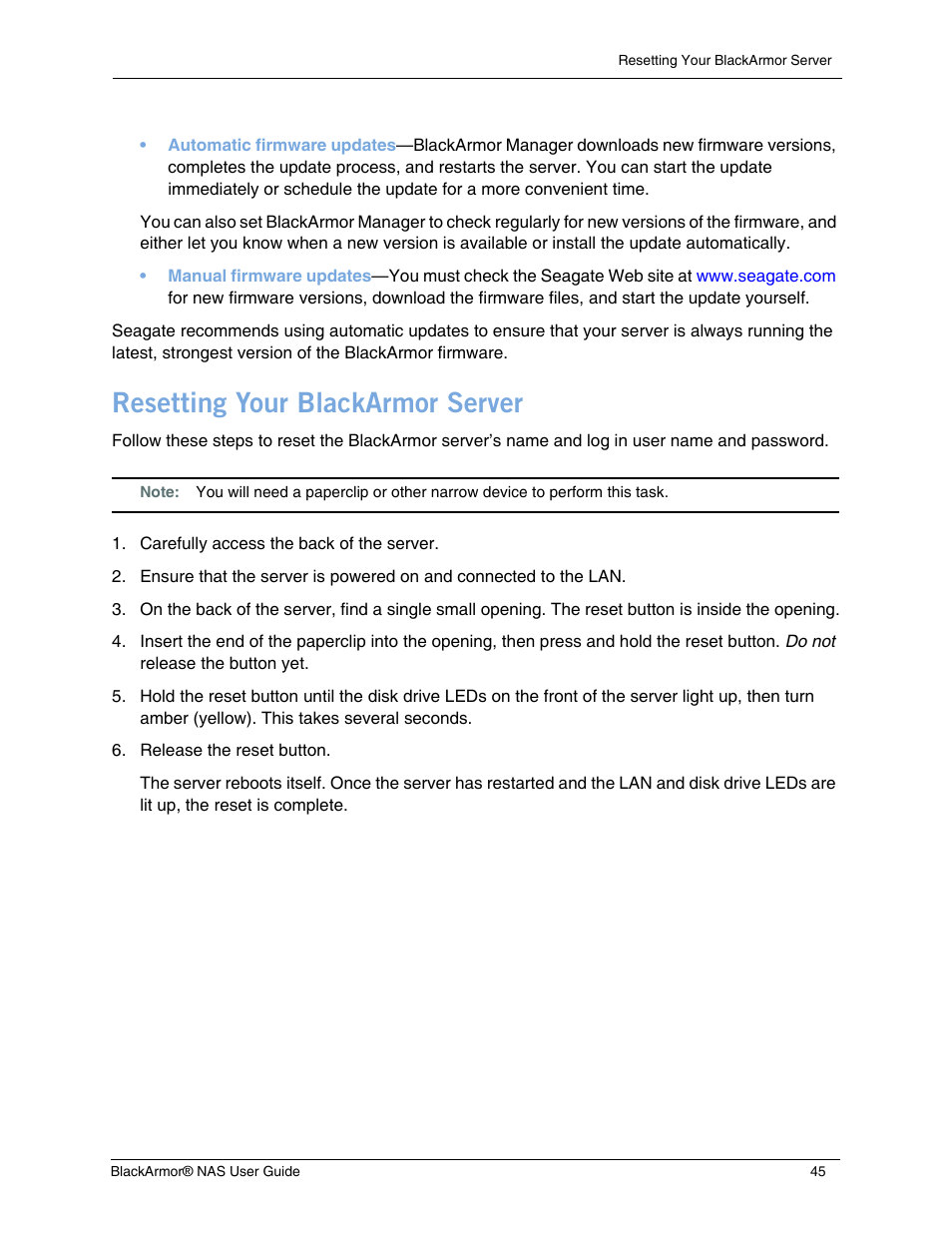 Resetting your blackarmor server | Seagate BlackArmor NAS 440 User Manual | Page 43 / 60