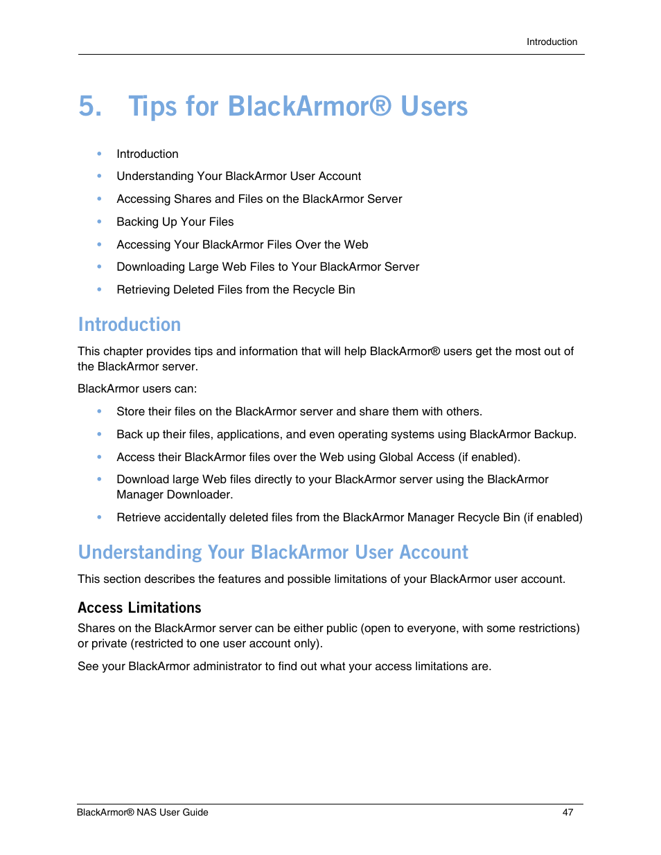 Tips for blackarmor® users, Introduction, Understanding your blackarmor user account | Access limitations, Chapter 5, “tips for blackarmor® users | Seagate BlackArmor NAS 440 User Manual | Page 44 / 60