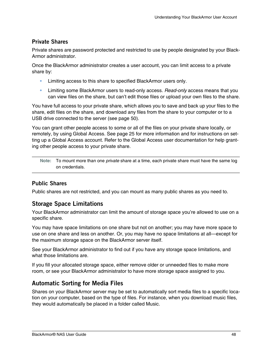 Storage space limitations, Automatic sorting for media files | Seagate BlackArmor NAS 440 User Manual | Page 45 / 60