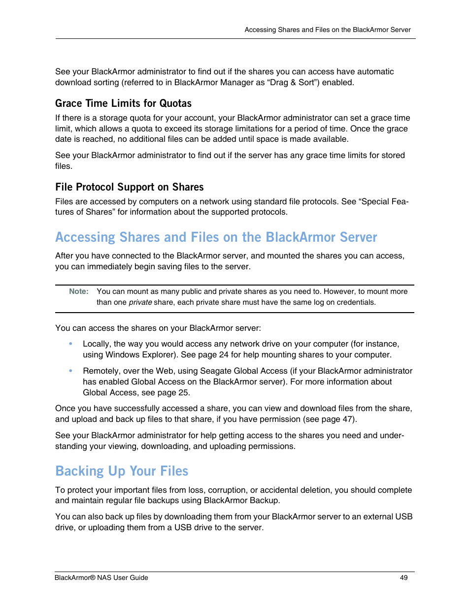 Grace time limits for quotas, File protocol support on shares, Backing up your files | Seagate BlackArmor NAS 440 User Manual | Page 46 / 60