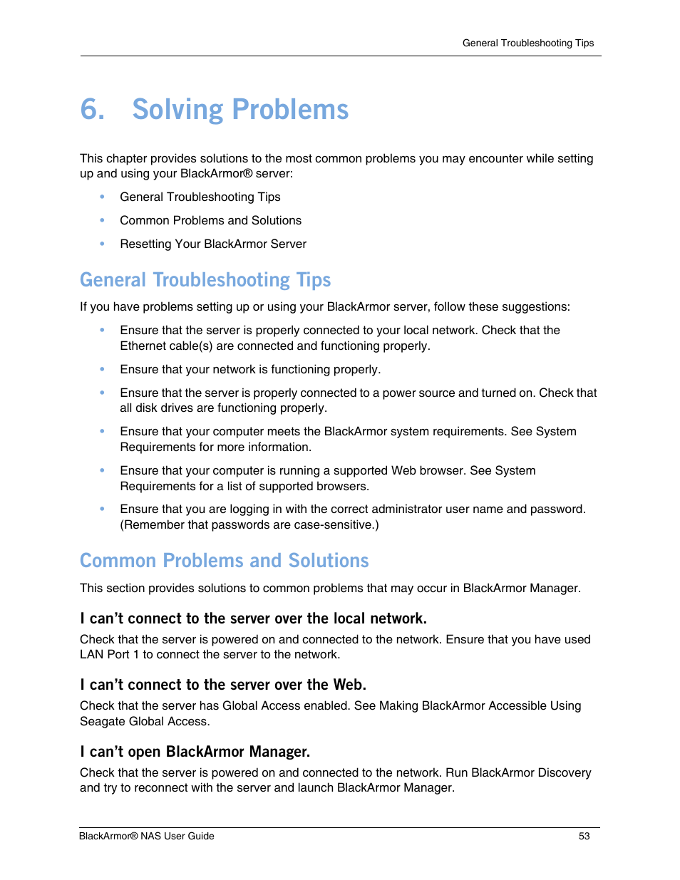 Solving problems, General troubleshooting tips, Common problems and solutions | I can’t connect to the server over the web, I can’t open blackarmor manager | Seagate BlackArmor NAS 440 User Manual | Page 50 / 60