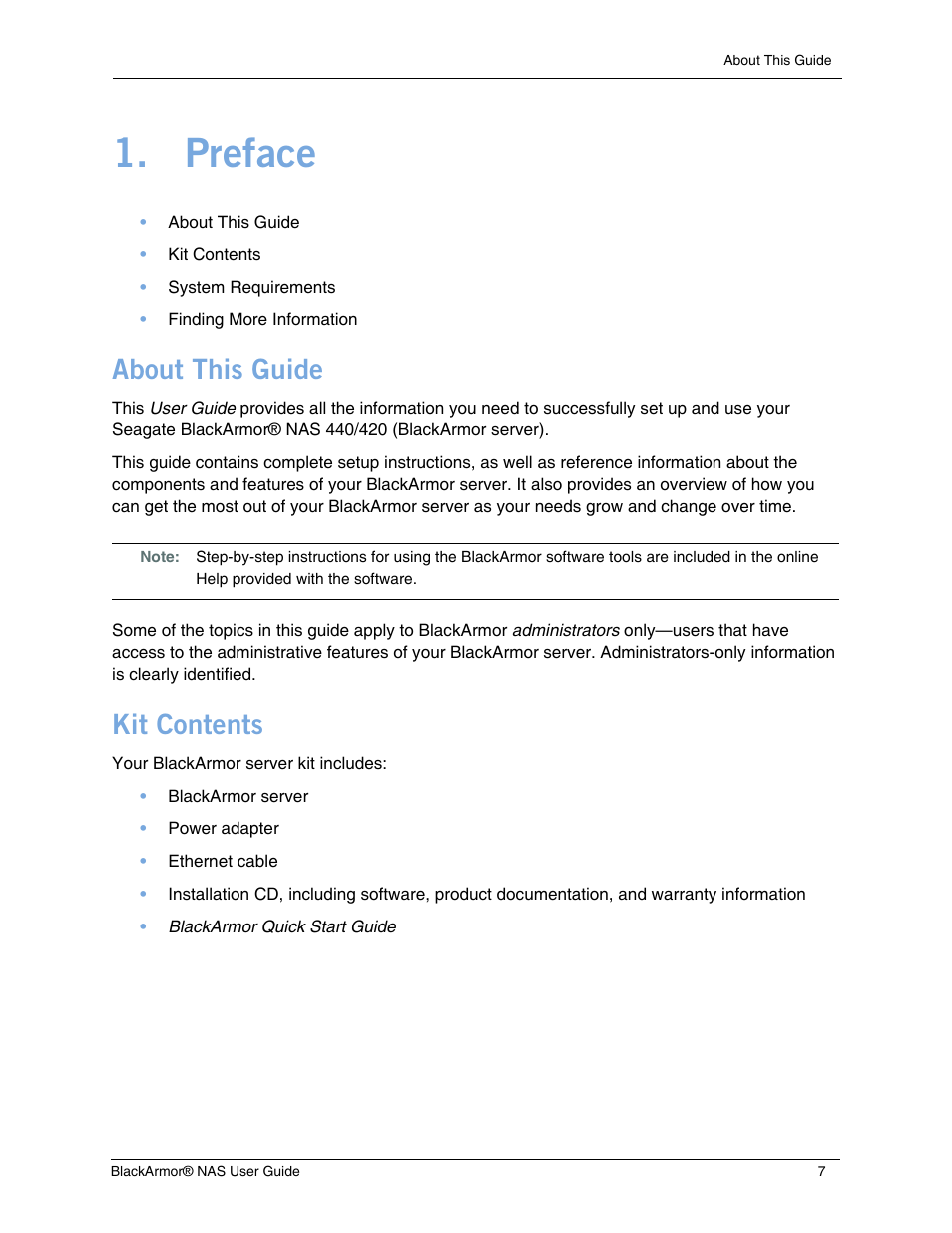 Preface, About this guide, Kit contents | Seagate BlackArmor NAS 440 User Manual | Page 6 / 60