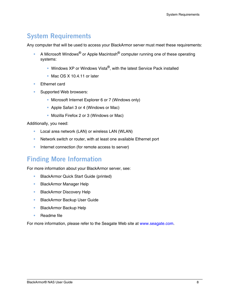 System requirements, Finding more information | Seagate BlackArmor NAS 440 User Manual | Page 7 / 60