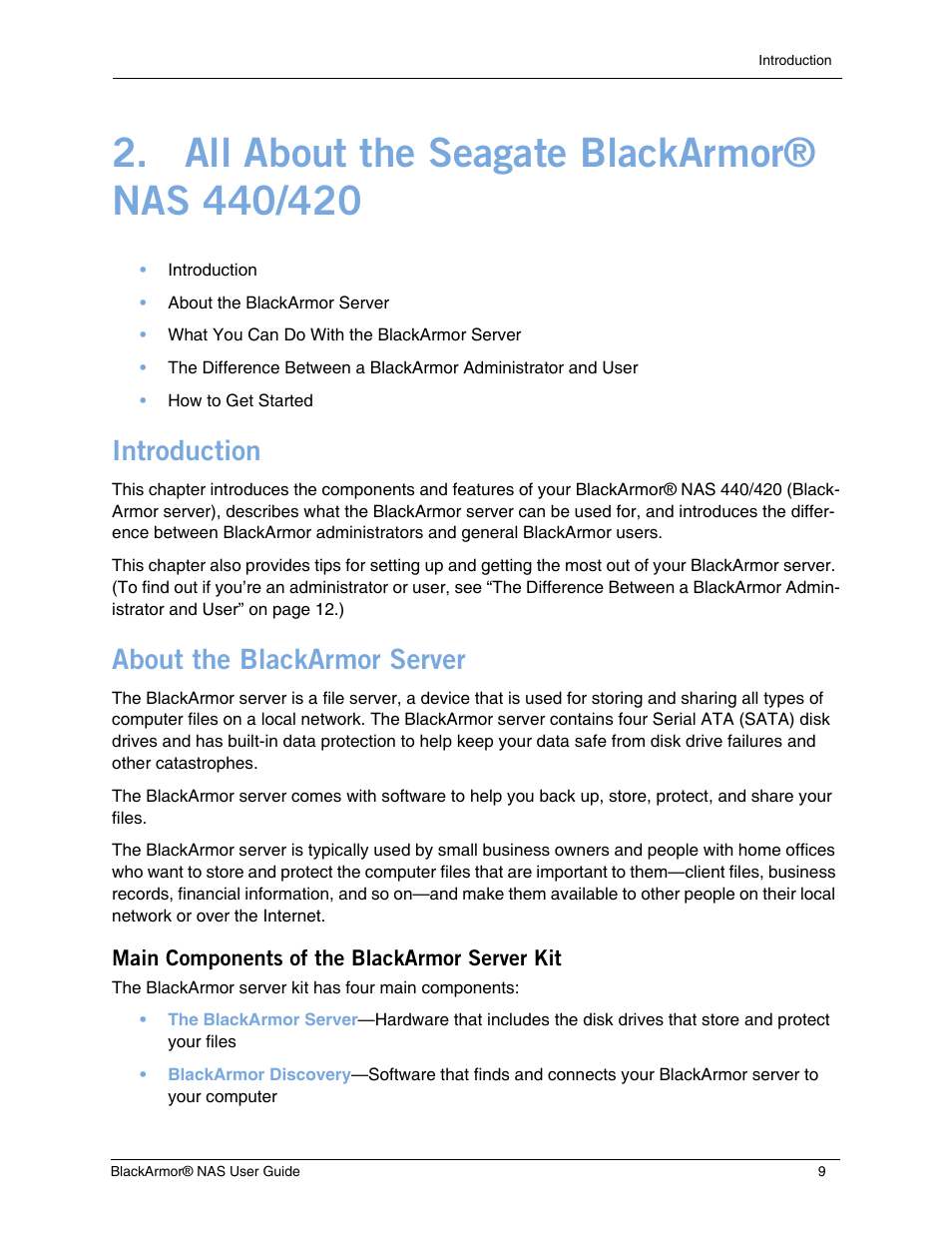 All about the seagate blackarmor® nas 440/420, Introduction, About the blackarmor server | Main components of the blackarmor server kit | Seagate BlackArmor NAS 440 User Manual | Page 8 / 60