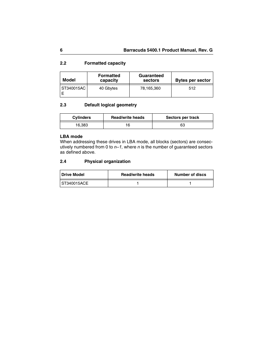2 formatted capacity, 3 default logical geometry, 4 physical organization | Formatted capacity, Default logical geometry, Physical organization | Seagate Barracuda ST340015ACE User Manual | Page 14 / 58