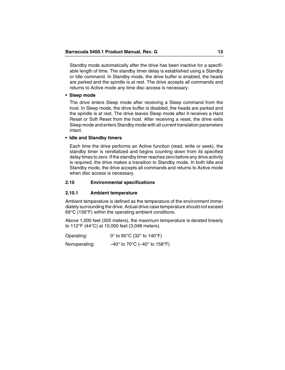 10 environmental specifications, 1 ambient temperature, Environmental specifications 2.10.1 | Ambient temperature | Seagate Barracuda ST340015ACE User Manual | Page 21 / 58