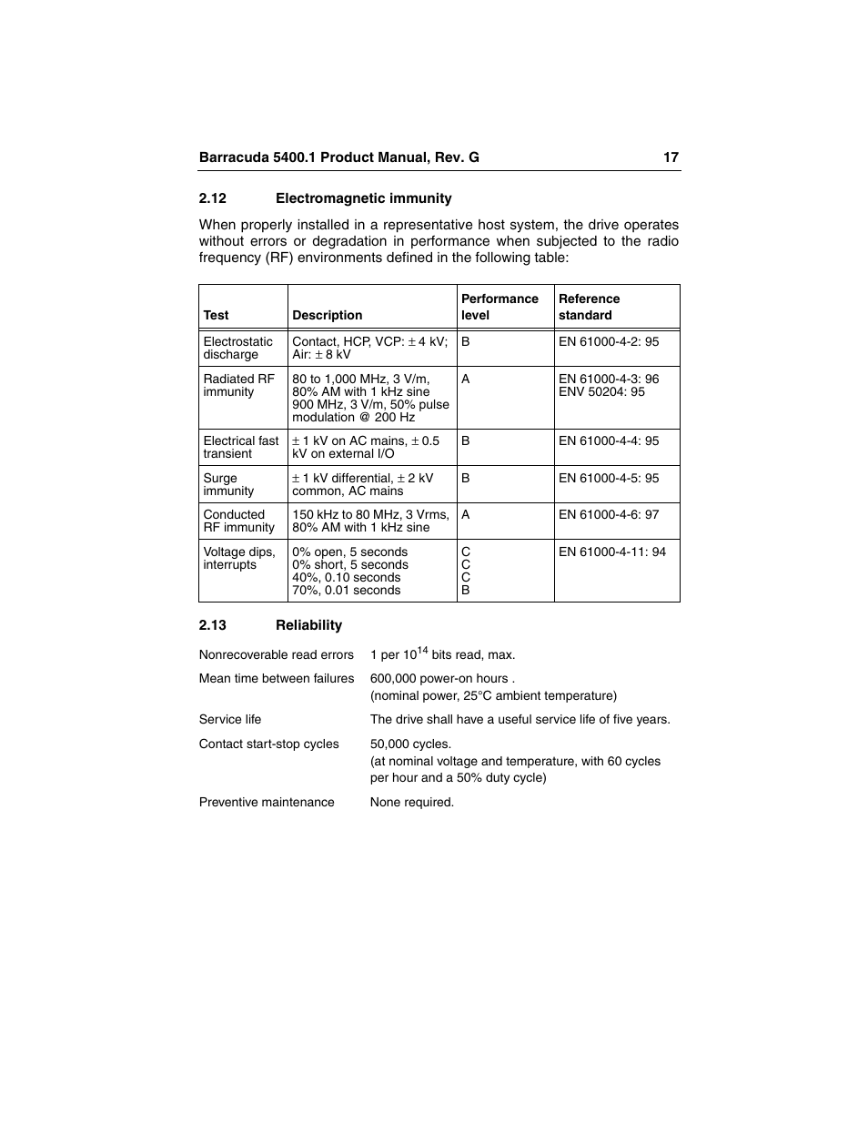 12 electromagnetic immunity, 13 reliability, Electromagnetic immunity | Reliability | Seagate Barracuda ST340015ACE User Manual | Page 25 / 58