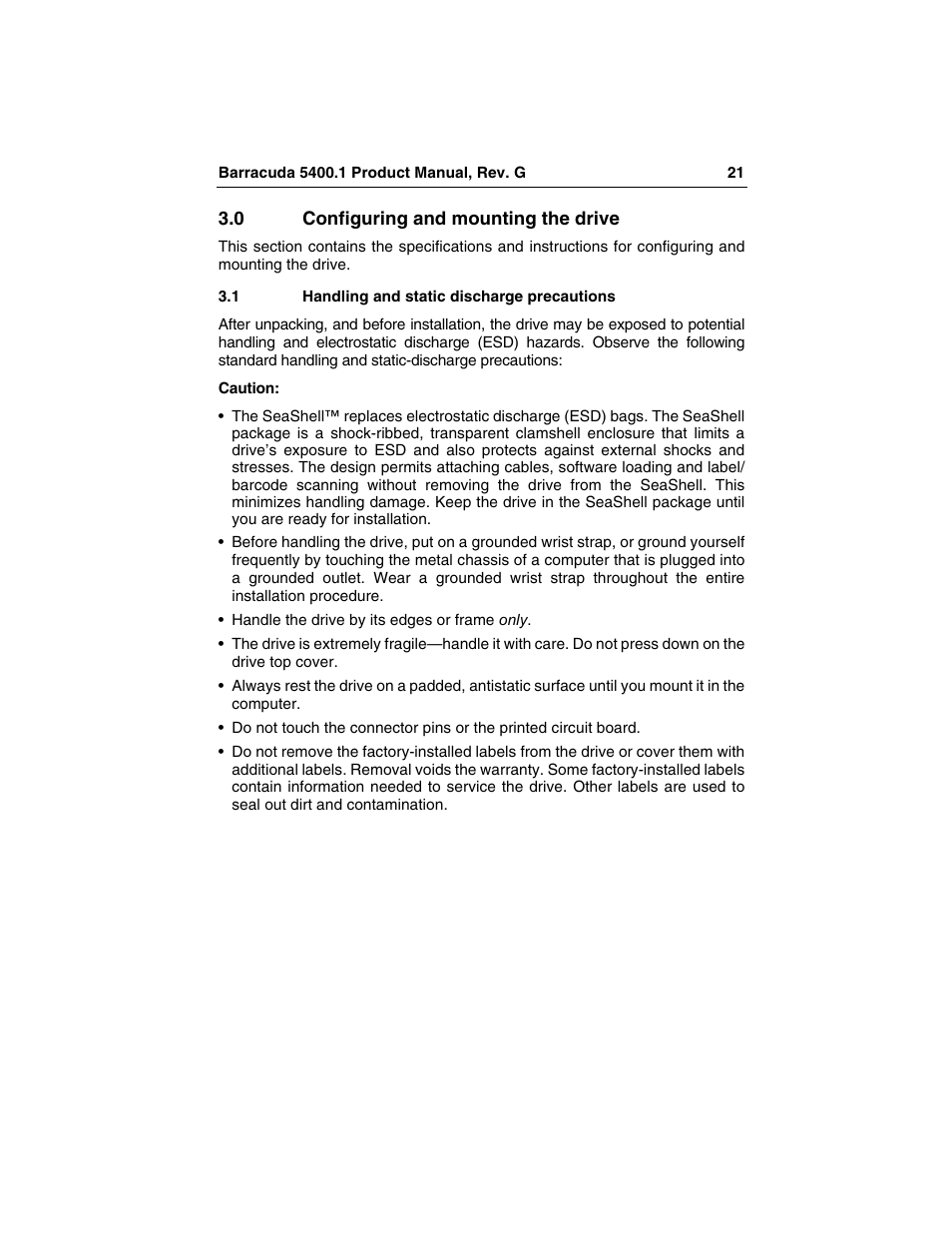 0 configuring and mounting the drive, 1 handling and static discharge precautions, Configuring and mounting the drive | Handling and static discharge precautions | Seagate Barracuda ST340015ACE User Manual | Page 29 / 58