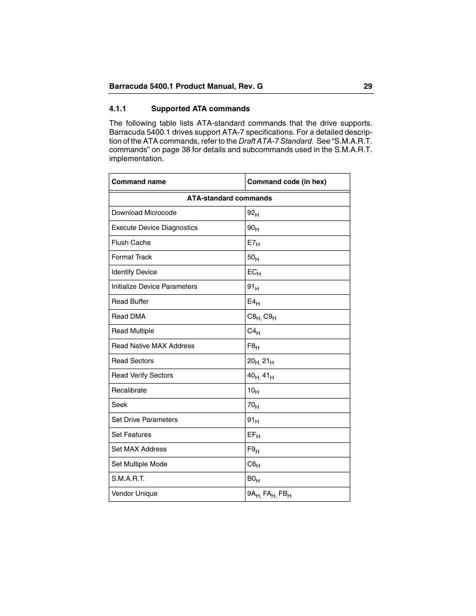 1 supported ata commands, Supported ata commands | Seagate Barracuda ST340015ACE User Manual | Page 37 / 58