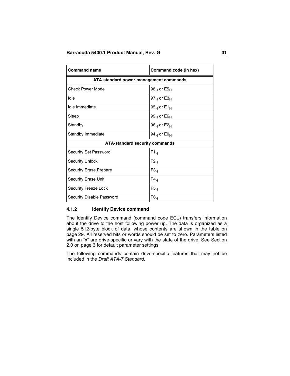 2 identify device command, Identify device command | Seagate Barracuda ST340015ACE User Manual | Page 39 / 58
