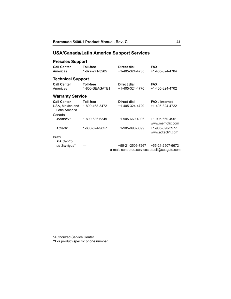 Usa/canada/latin america support services | Seagate Barracuda ST340015ACE User Manual | Page 49 / 58