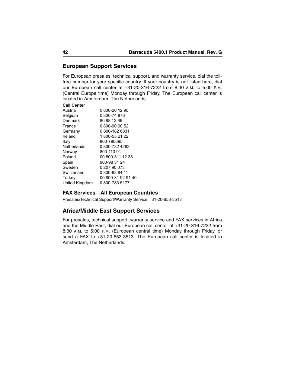 European support services, Africa/middle east support services | Seagate Barracuda ST340015ACE User Manual | Page 50 / 58