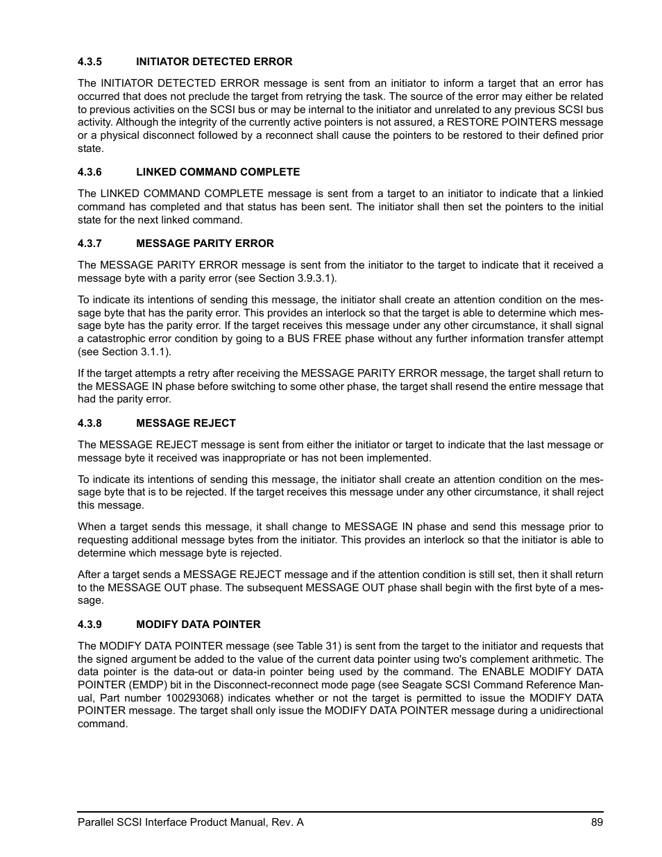 5 initiator detected error, 6 linked command complete, 7 message parity error | 8 message reject, 9 modify data pointer, 89 (ext, 5) or an abor | Seagate Ultra 320 User Manual | Page 103 / 186