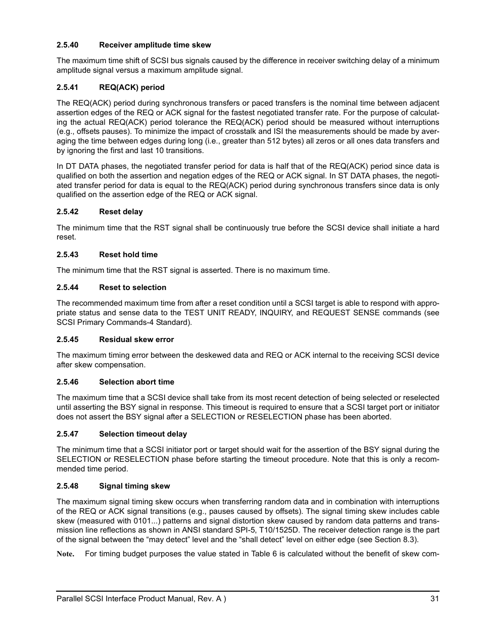 40 receiver amplitude time skew, 41 req(ack) period, 42 reset delay | 43 reset hold time, 44 reset to selection, 45 residual skew error, 46 selection abort time, 47 selection timeout delay, 48 signal timing skew | Seagate Ultra 320 User Manual | Page 45 / 186