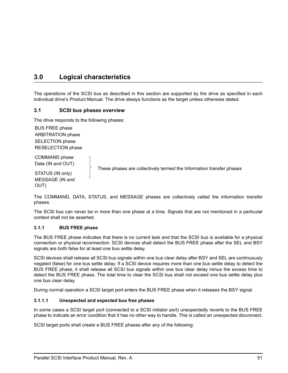 0 logical characteristics, 1 scsi bus phases overview, 1 bus free phase | 1 unexpected and expected bus free phases | Seagate Ultra 320 User Manual | Page 65 / 186