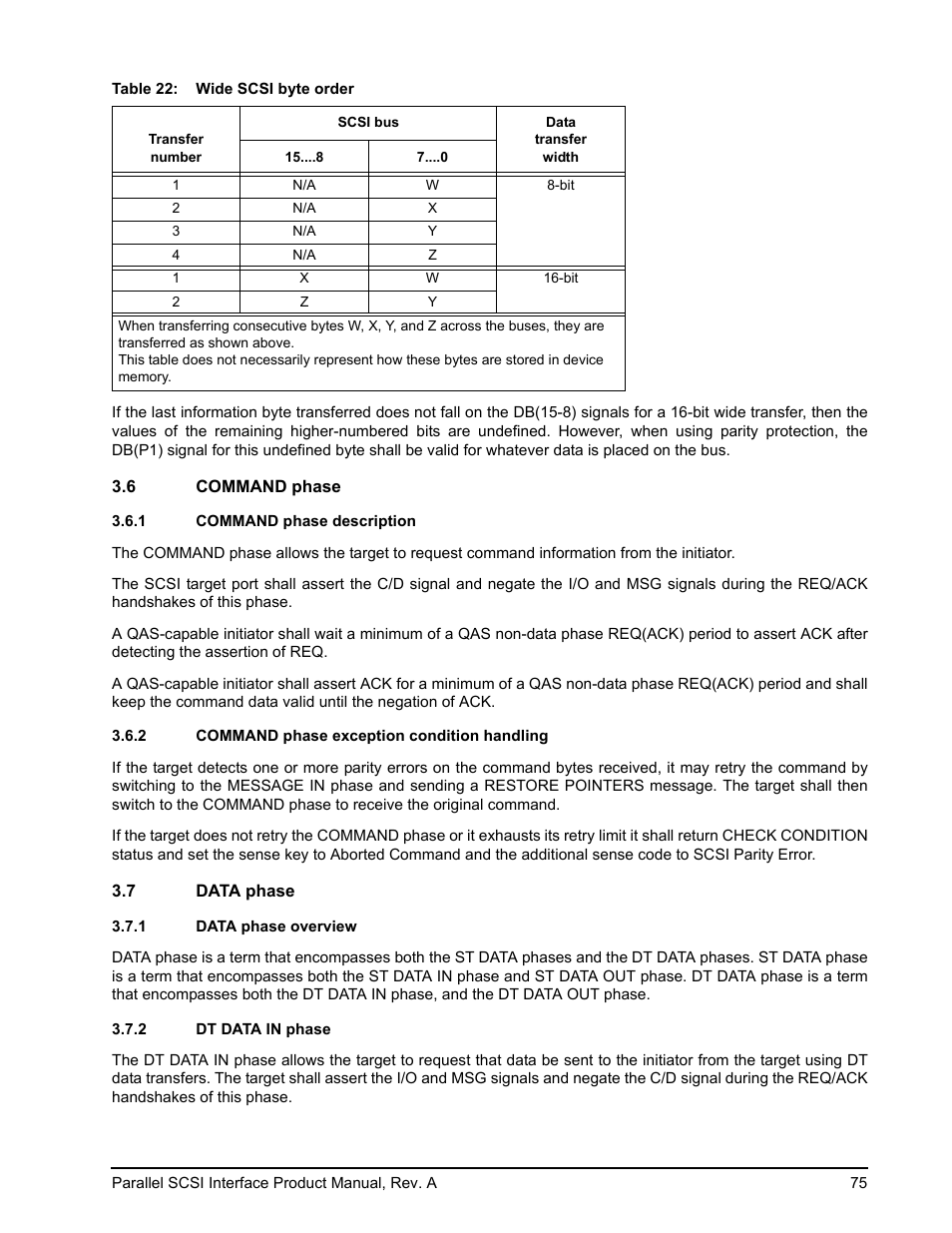 6 command phase, 1 command phase description, 2 command phase exception condition handling | 7 data phase, 1 data phase overview, 2 dt data in phase | Seagate Ultra 320 User Manual | Page 89 / 186