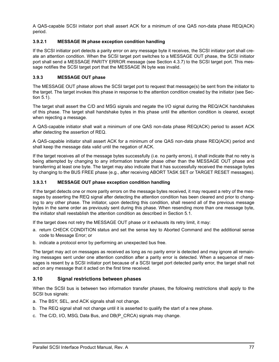 1 message in phase exception condition handling, 3 message out phase, 1 message out phase exception condition handling | 10 signal restrictions between phases, 1 an, Section 3.10 | Seagate Ultra 320 User Manual | Page 91 / 186