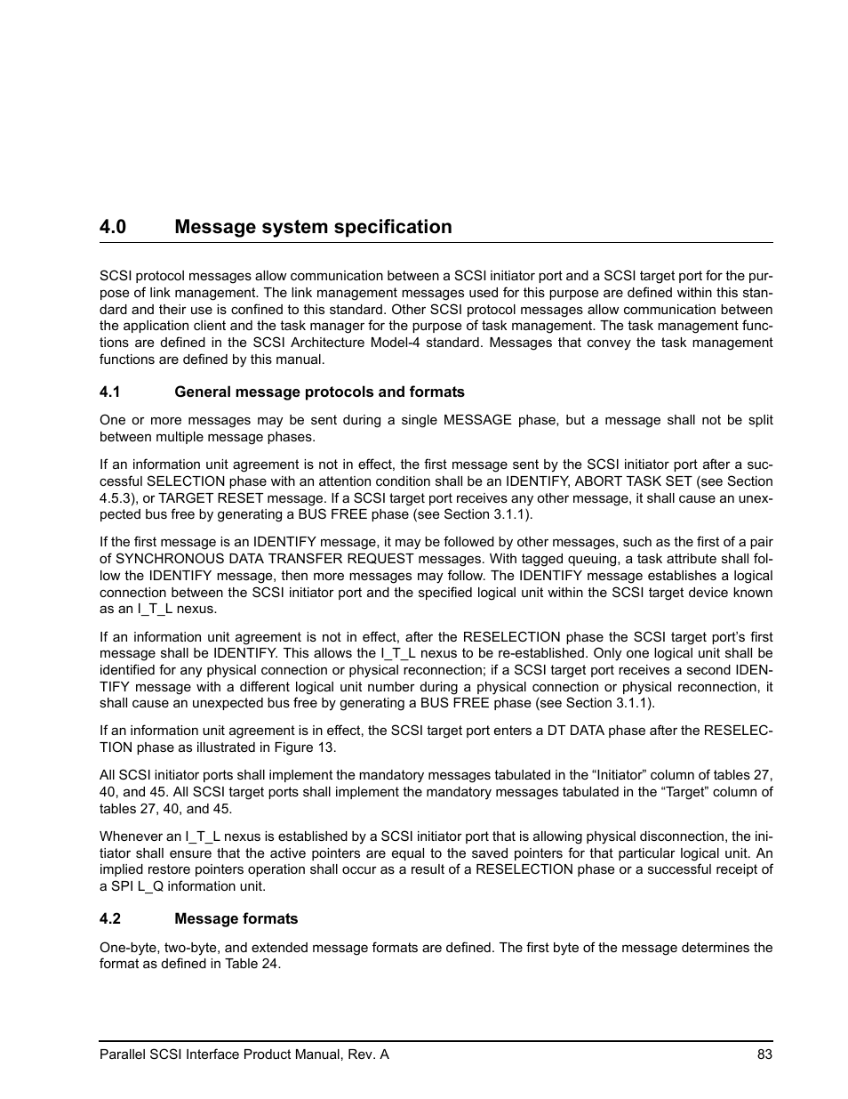 0 message system specification, 1 general message protocols and formats, 2 message formats | Section 4 | Seagate Ultra 320 User Manual | Page 97 / 186
