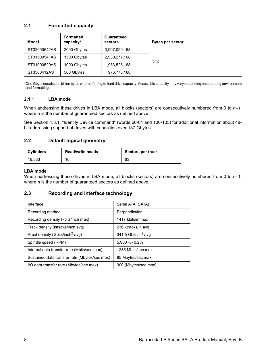 1 formatted capacity, 1 lba mode, 2 default logical geometry | 3 recording and interface technology | Seagate BARRACUDA ST31500541AS User Manual | Page 14 / 48