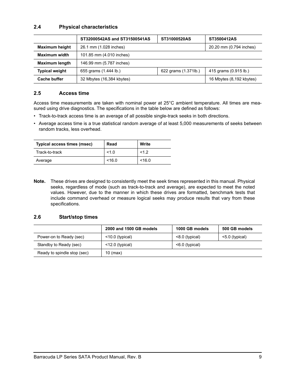 4 physical characteristics, 5 access time, 6 start/stop times | Seagate BARRACUDA ST31500541AS User Manual | Page 15 / 48