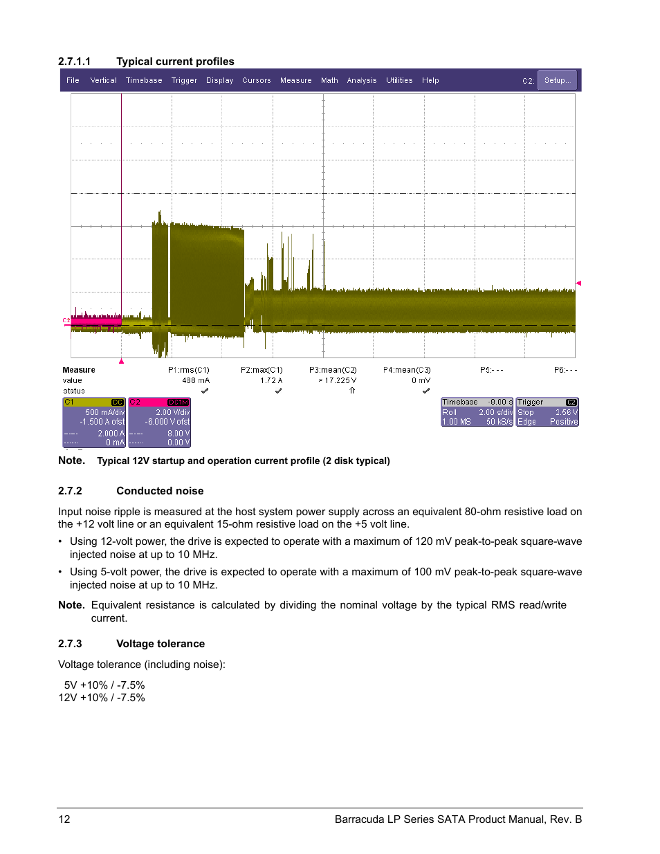 1 typical current profiles, 2 conducted noise, 3 voltage tolerance | Seagate BARRACUDA ST31500541AS User Manual | Page 18 / 48