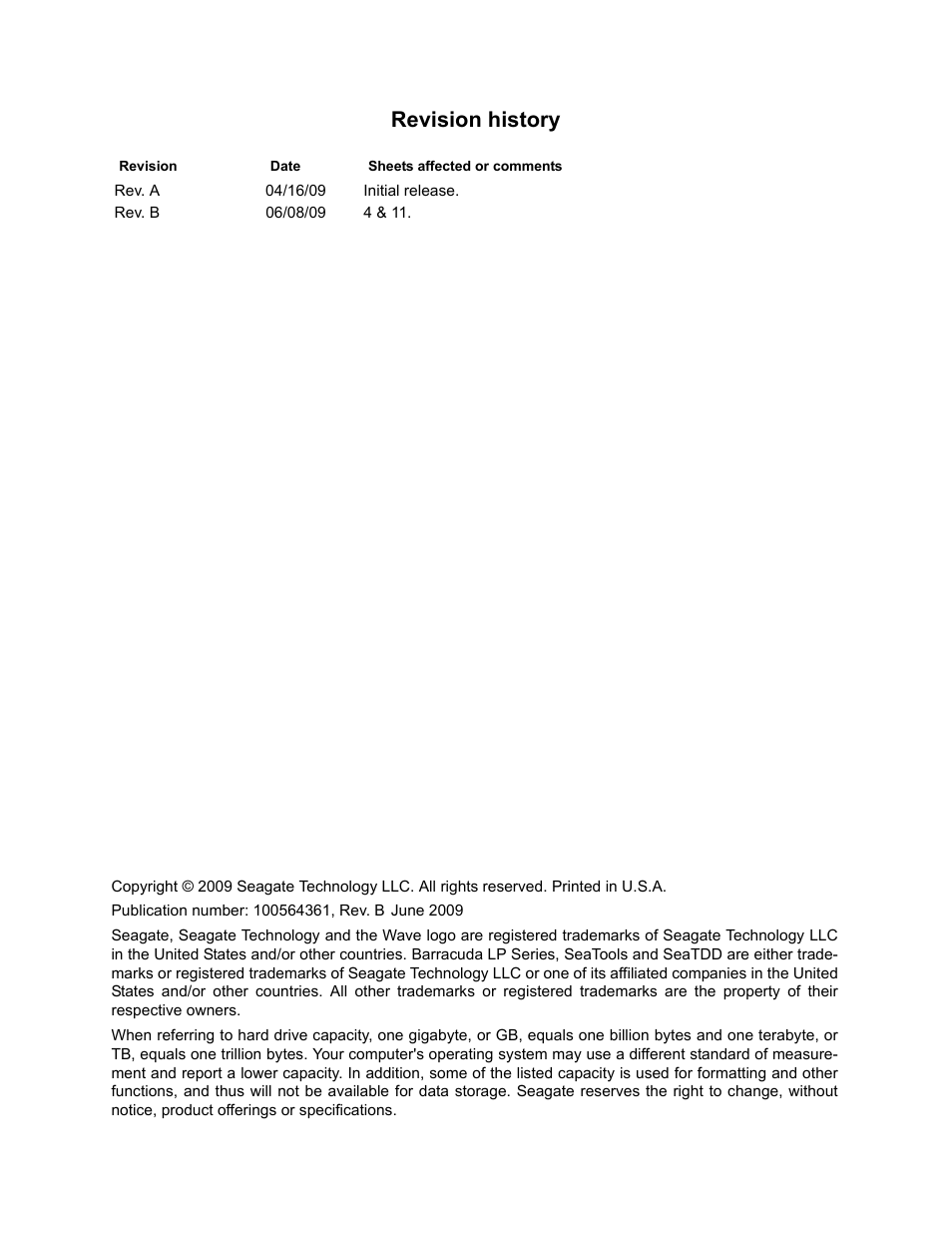 Revision history | Seagate BARRACUDA ST31500541AS User Manual | Page 2 / 48