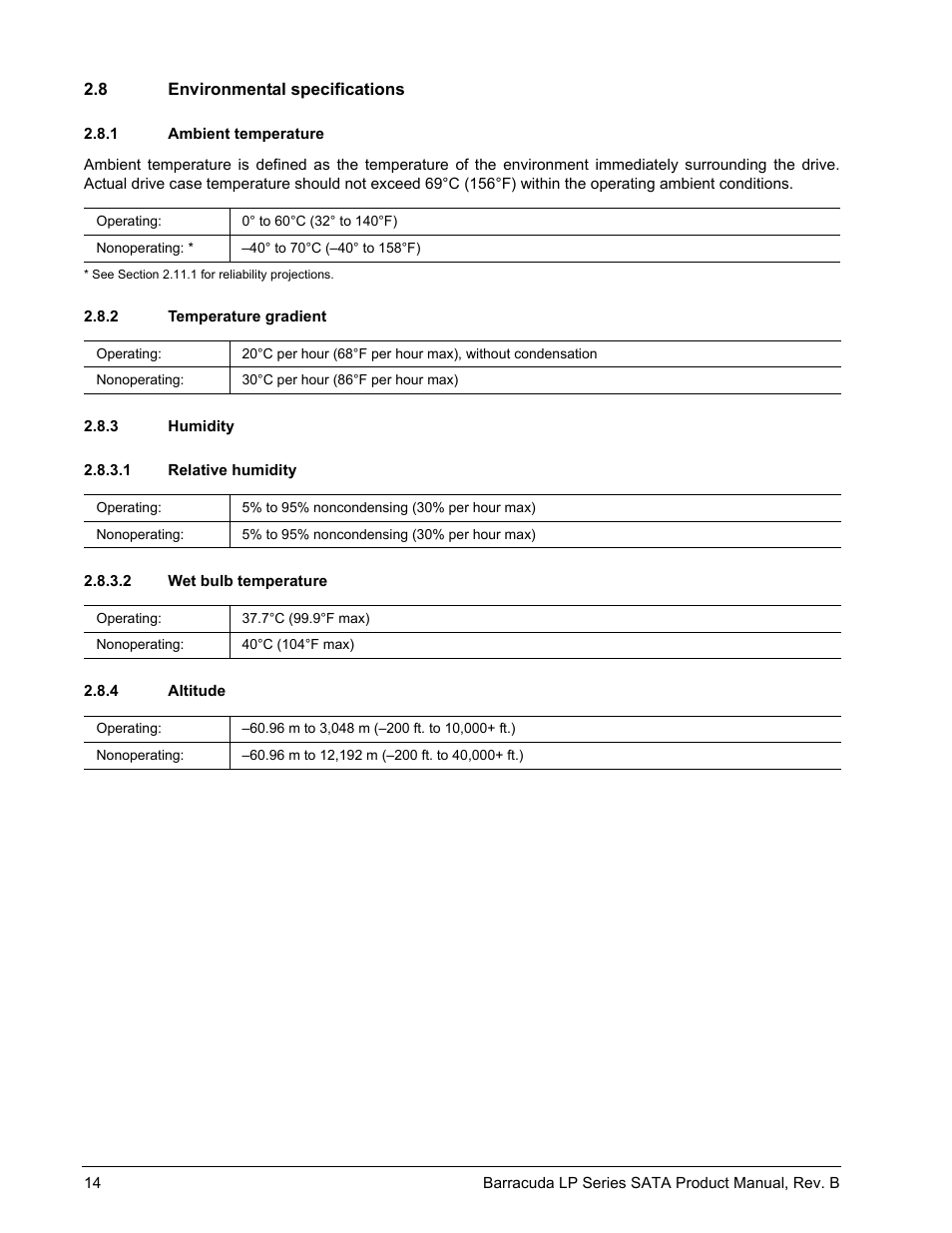 8 environmental specifications, 1 ambient temperature, 2 temperature gradient | 3 humidity, 1 relative humidity, 2 wet bulb temperature, 4 altitude | Seagate BARRACUDA ST31500541AS User Manual | Page 20 / 48