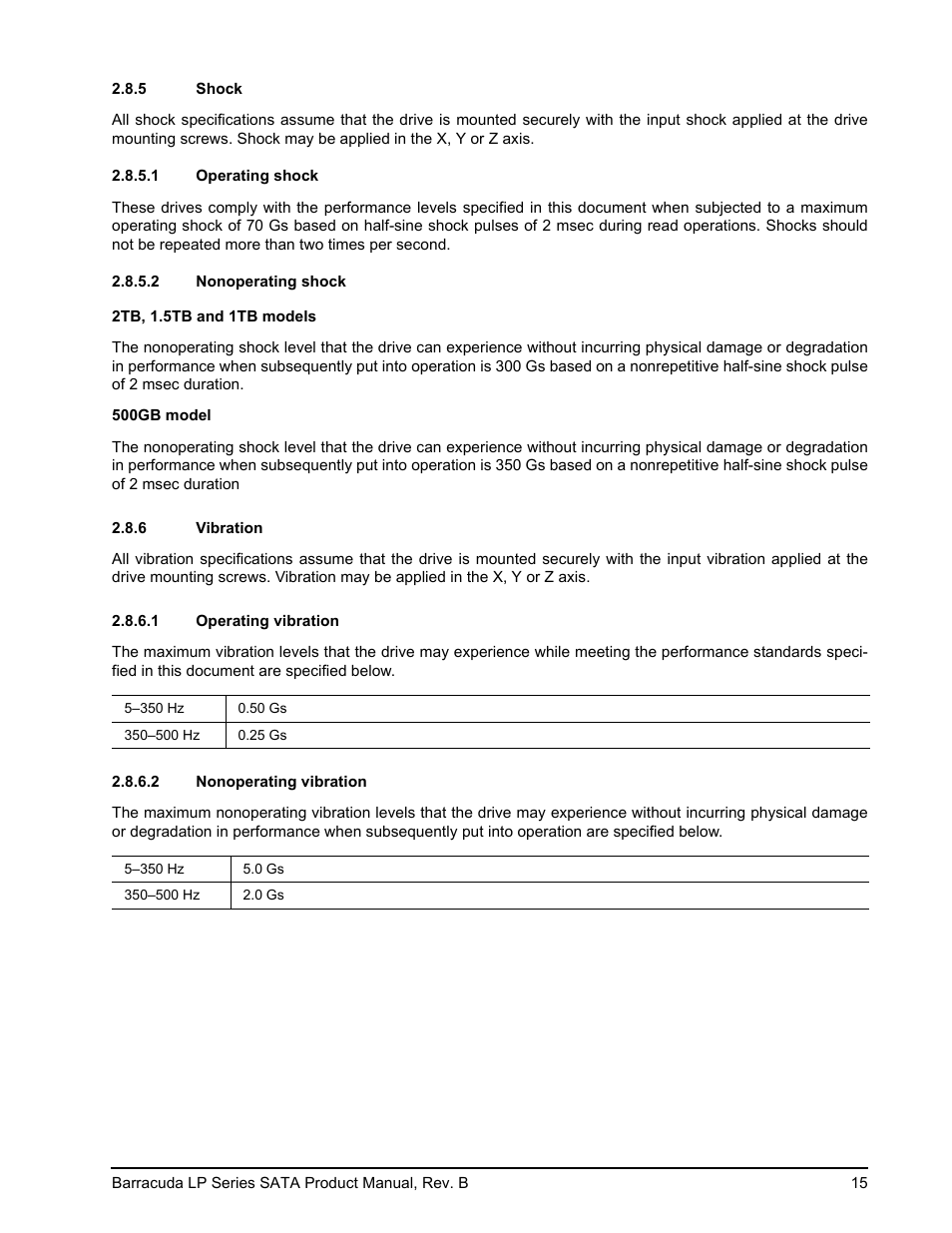 5 shock, 1 operating shock, 2 nonoperating shock | 6 vibration, 1 operating vibration, 2 nonoperating vibration | Seagate BARRACUDA ST31500541AS User Manual | Page 21 / 48