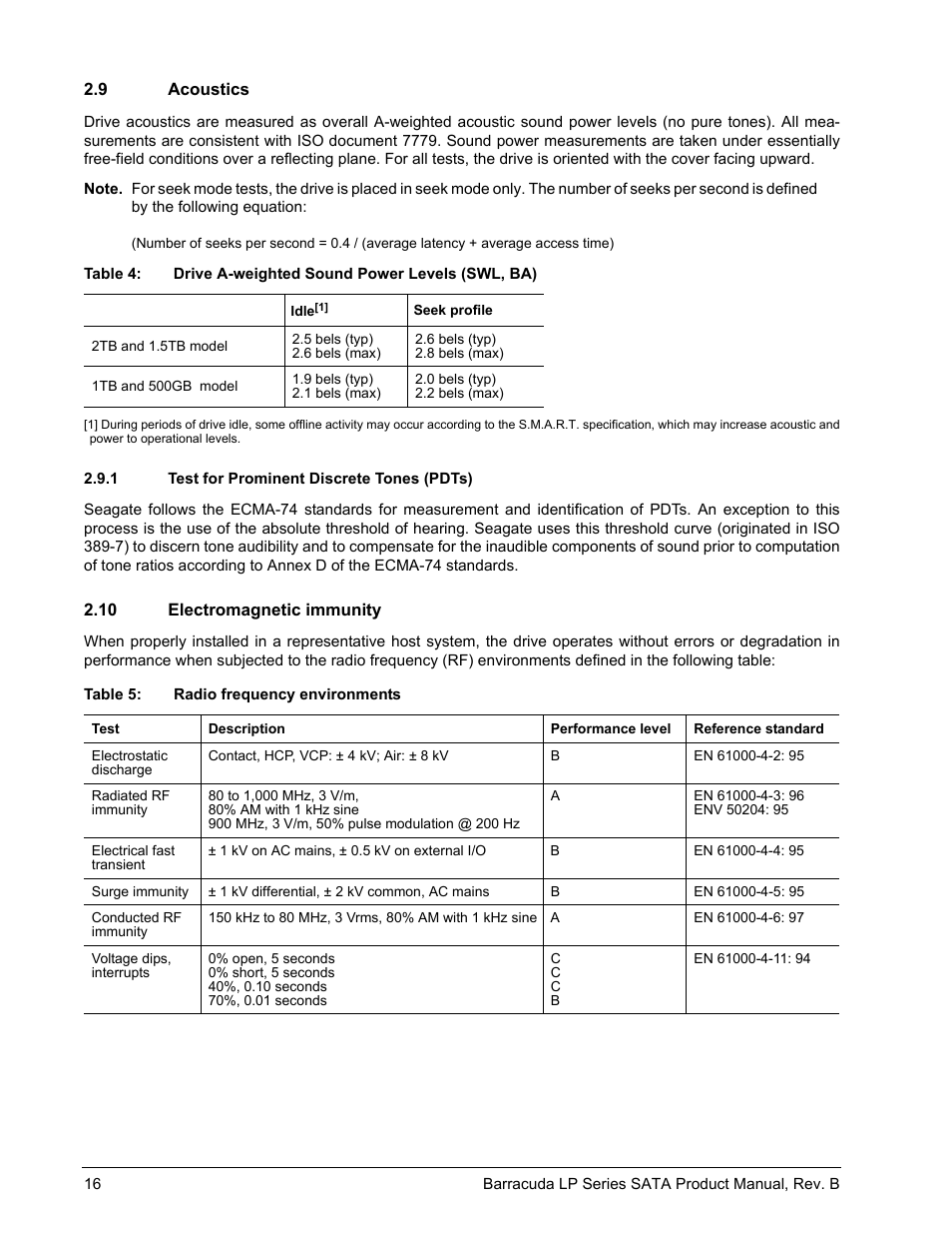 9 acoustics, 1 test for prominent discrete tones (pdts), 10 electromagnetic immunity | Seagate BARRACUDA ST31500541AS User Manual | Page 22 / 48