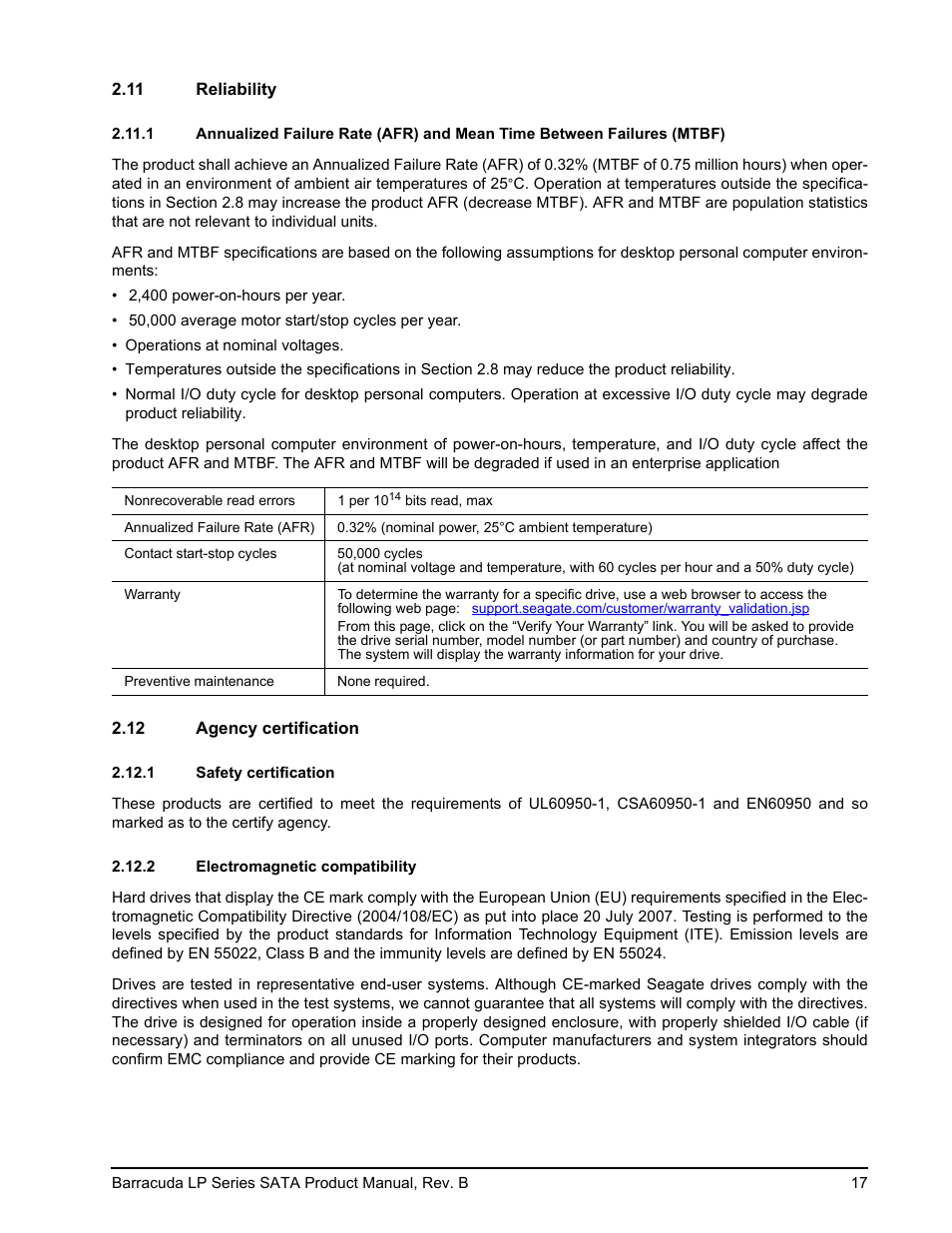 11 reliability, 12 agency certification, 1 safety certification | 2 electromagnetic compatibility | Seagate BARRACUDA ST31500541AS User Manual | Page 23 / 48