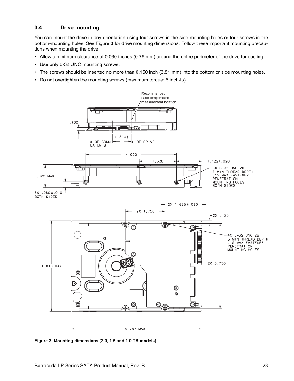 4 drive mounting, Figure 3, Mounting dimensions (2.0, 1.5 and 1.0 tb models) | Seagate BARRACUDA ST31500541AS User Manual | Page 29 / 48