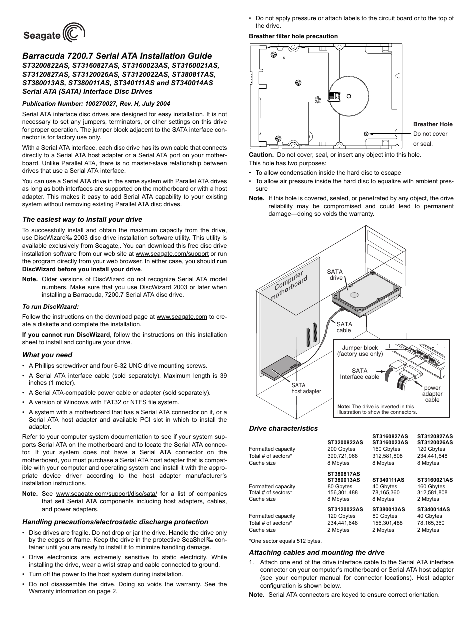 Seagate Barracuda ST340014AS User Manual | 2 pages