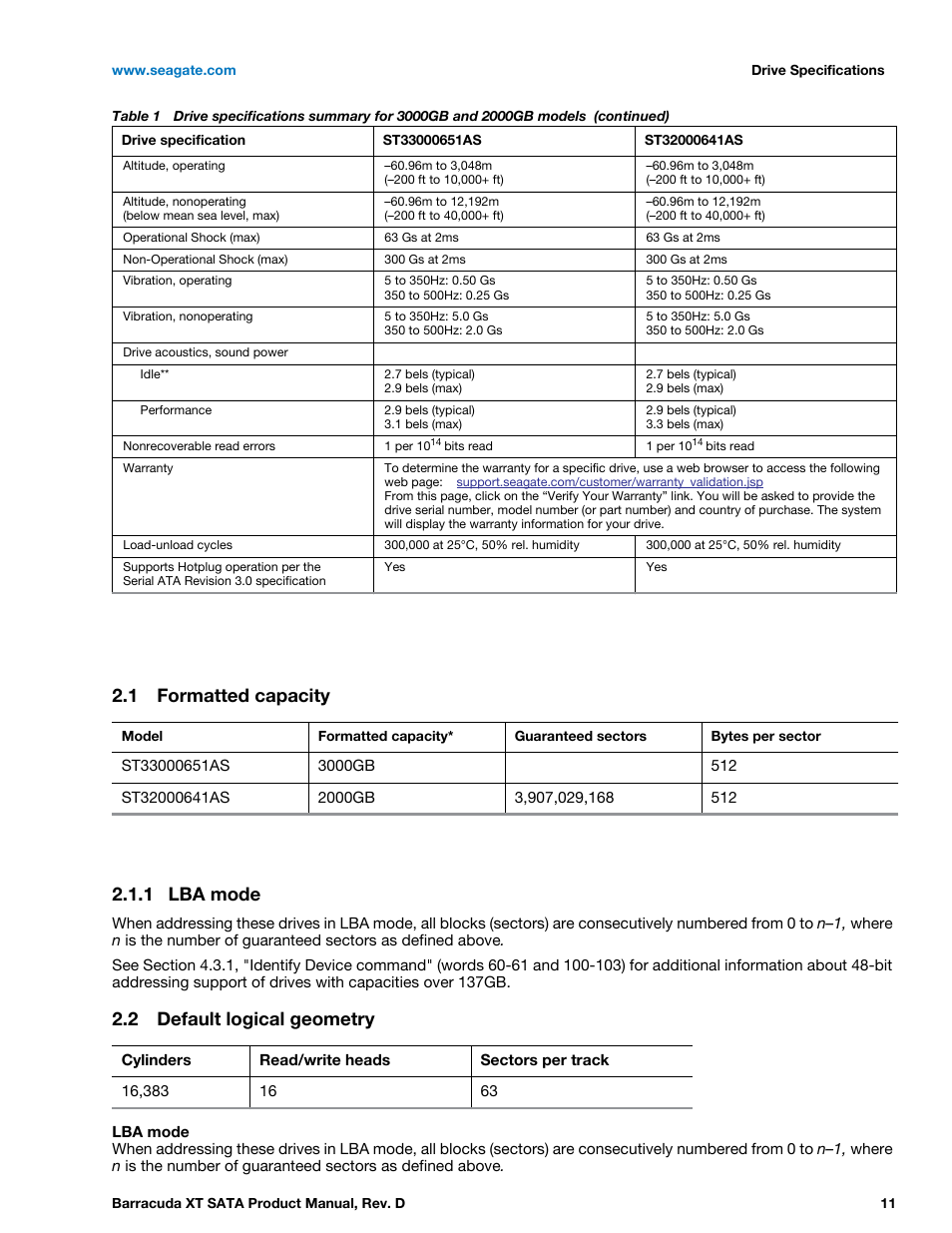 1 formatted capacity, 1 lba mode, 2 default logical geometry | Formatted capacity 2.1.1, Lba mode, Default logical geometry | Seagate BARRACUDA XT ST33000651AS User Manual | Page 11 / 42