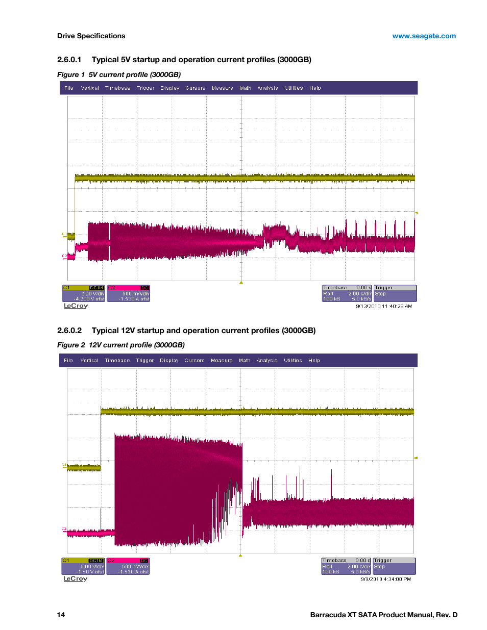 Figure 1, 5v current profile (3000gb), Figure 2 | 12v current profile (3000gb) | Seagate BARRACUDA XT ST33000651AS User Manual | Page 14 / 42